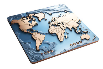 Digital credit card display blue. Gold world map pattern isolated on cut out PNG or transparent background. Technology Online card payment for purchases from online stores and online shopping.
