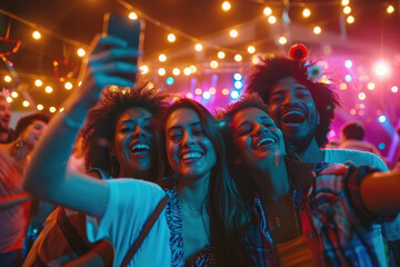 Fototapeta na wymiar Group of happy friends taking selfie in front of stage on music festival at night