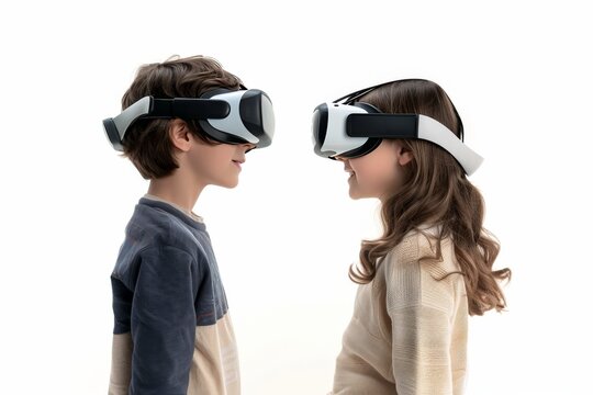 realistic photo of a boy and a girl, facing each other both wearing wireless VR headsets - png