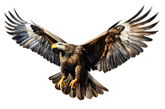 Picture brown eagle or hawk watercolor flying isolated on cut out PNG or transparent background. Realistic bird animal clipart template pattern.