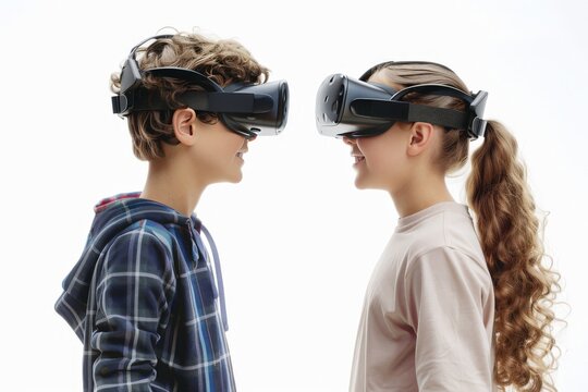 a boy and a girl, facing each other both wearing wireless VR headsets. white background  