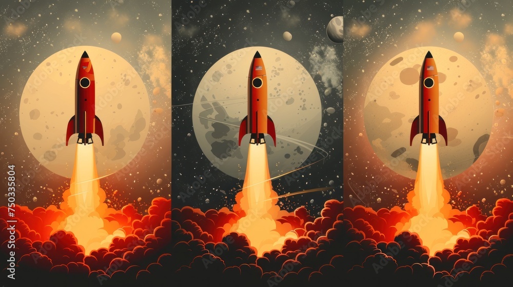 Poster  a red rocket taking off into space with a full moon in the back ground and a full moon in the back ground in the middle of the image, and a full moon in the background.