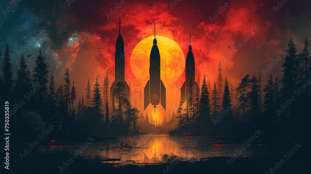 Aufkleber a painting of a space station in the middle of a forest with a red sun in the background and trees i