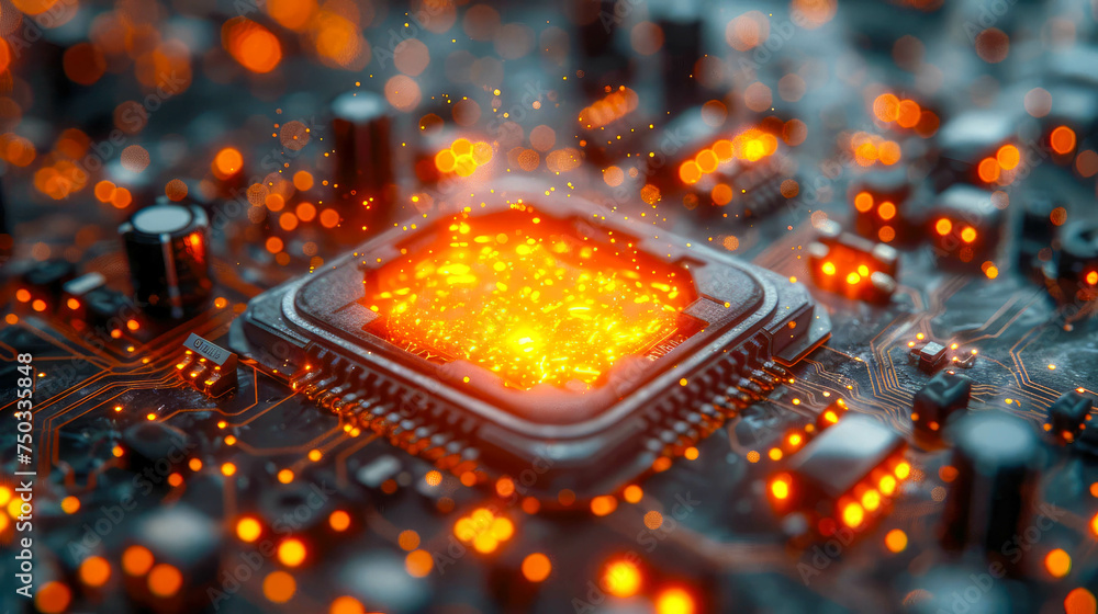 Poster a powerful modern futuristic processor for computing and working with big data on a motherboard with