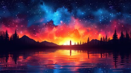  a painting of a night sky with stars and the sun rising over a mountain range with a lake in the foreground and trees on the other side of the water.