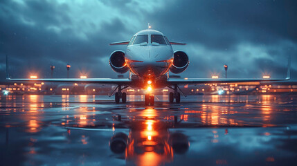 Passenger luxury private airplane on the runway at sunset - obrazy, fototapety, plakaty