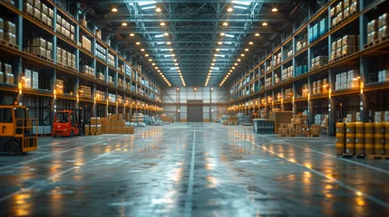 Fotobehang Warehouse interior with shelves and boxes in a modern factory building © Aliaksandra