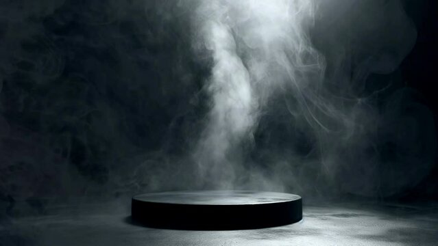 Foggy round podium
with a dark black background