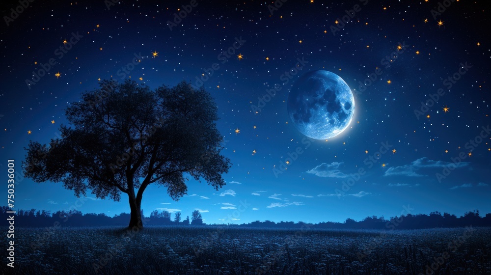 Poster a tree in the middle of a field under a night sky with stars and a full moon in the distance with a 