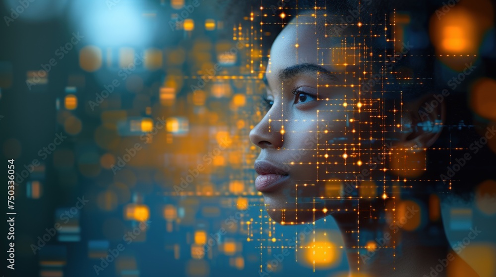 Poster a close up of a woman's face in front of a multicolored background of squares and dots with a woman'