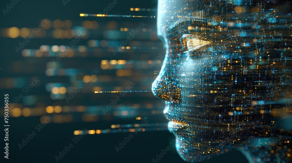 Poster a man's face is shown with a lot of dots in the shape of a human head in front of a blurry backgroun