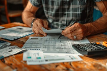 man doing taxes, calculator tax forms