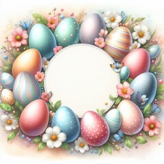 Easter background with colorful eggs and spring flowers. watercolor illustration. easter, religion and christian concept.
