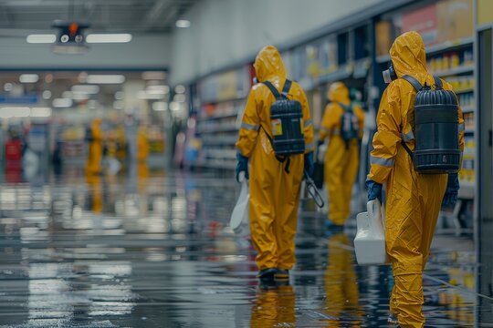 Two men in yellow hazmat suits are walking through a wet, flooded area