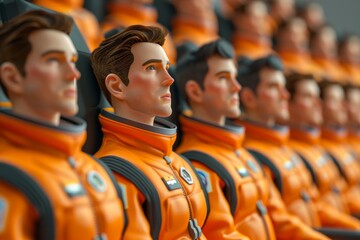A group of orange astronauts are lined up in a row