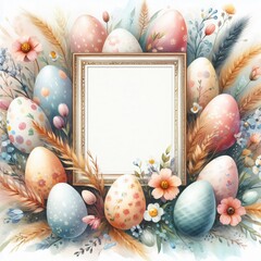 Easter eggs and spring flowers in pastel colors with frame and white blank text. Easter, holiday and religion concept.