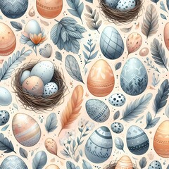 Seamless pattern with Easter eggs and feathers. Watercolor illustration. Easter, christian and religion concept.