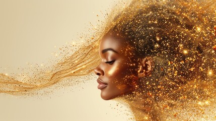  a woman with her hair blowing in the wind with gold glitters on her face and her hair blowing in the wind with her eyes closed and her eyes closed.