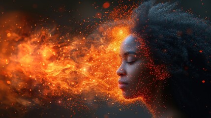  a close up of a woman's face in front of a background of orange and yellow bubbles of fire and smoke, with her eyes closed and her eyes closed.