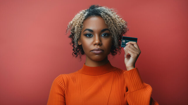 Jeune femme d'origine africaine tenant une carte de cr&eacute;dit sur fond uni rouge