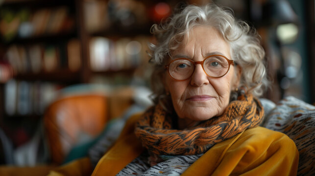 Portrait d'une femme &acirc;g&eacute;e portant des lunettes s&ucirc;re d'elle, biblioth&egrave;que en fond, femme de lettres, philosophe ou essayiste