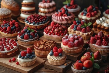 A table full of desserts including donuts, cupcakes