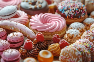 A table full of various desserts including donuts, macaroons, and raspberries