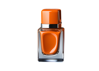 Shiny light orange nail polish in closed Sphere bottle isolated on cut out PNG or transparent background. Fashion Beauty Varnish. Cosmetics for women. Realistic clipart template pattern.