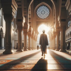 Muslim man walking inside the mosque at sunset. Ramadan Kareem, eid fitr and ramadam mubarak concept.