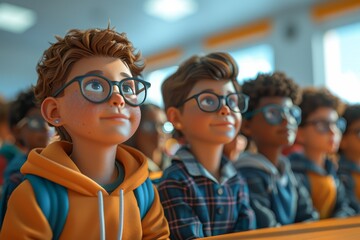 A group of children are sitting in a classroom, with one boy wearing glasses