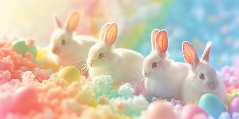 Through the blurred background of a pastel-colored sky, fluffy white clouds drifted lazily, while a trail of Easter bunnies hopped along a rainbow leading to a hidden treasure of chocolate eggs.