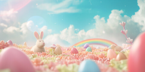 Through the blurred background of a pastel-colored sky, fluffy white clouds drifted lazily, while a trail of Easter bunnies hopped along a rainbow leading to a hidden treasure of chocolate eggs.