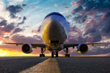 Front view of the wide body passenger jet plane at the airport apron against the backdrop of a...