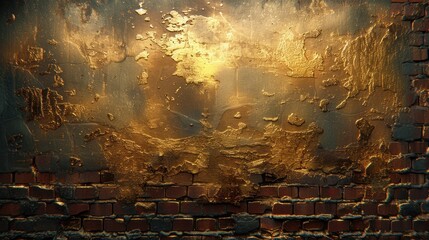  a close up of a rusted metal surface with a brick wall in the foreground and a brick wall in the background that has been painted gold and rusted. - obrazy, fototapety, plakaty