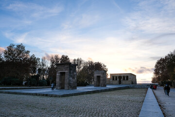 View of the Temple of Debod, an ancient Nubian temple that was dismantled and rebuilt in the center...