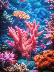 A colorful coral reef with a red coral in the middle
