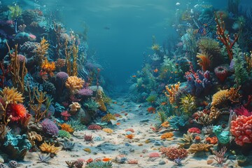 A colorful coral reef with many different types of fish swimming around