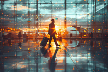 person walking with a trolley bag going for vacation, Travel, traveler in airport with a large suitcase, travel agency, luggage at the airport ,airplane flying over the clouds, passports, holiday - obrazy, fototapety, plakaty