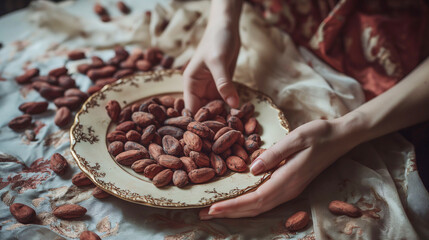 Woman processing cacao beans on a table