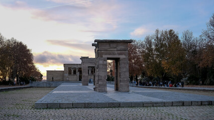 View of the Temple of Debod, an ancient Nubian temple that was dismantled and rebuilt in the center...