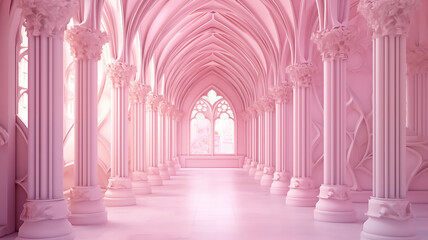 empty huge luxury pink hall with arches and columns. minimal architecture style