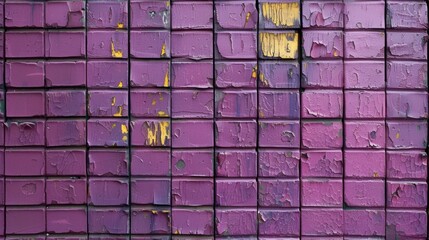  a close up of a purple brick wall with yellow paint peeling off of it's sides and a red fire hydrant in the middle of the brick wall.