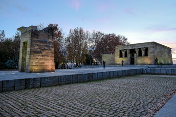 View of the Temple of Debod, an ancient Nubian temple that was dismantled and rebuilt in the center...