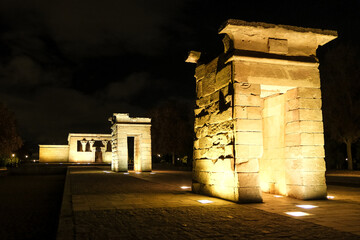 View of the Temple of Debod, an ancient Nubian temple that was dismantled and rebuilt in the center...