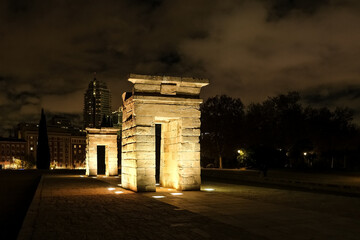 View of the Temple of Debod, an ancient Nubian temple that was dismantled and rebuilt in the center...