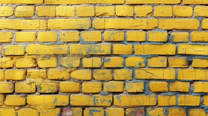  a close up of a brick wall that is yellow and blue with a red stop sign in the middle of the wall and a red stop sign in the middle of the wall.