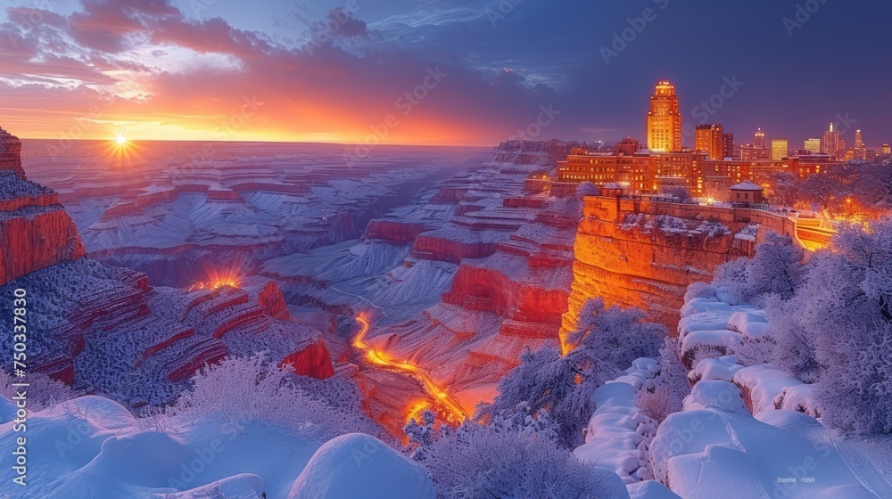 Poster a scenic view of a city lit up in the distance with snow on the ground and trees in the foreground a