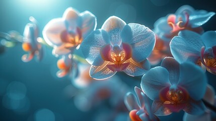  a close up of a bunch of flowers on a branch with sunlight shining through the center of the flowers and the petals of the flowers in the foreground are blurry. - obrazy, fototapety, plakaty