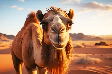 Foto auf Alu-Dibond Front of Brown head of camels in desert, wildlife. Camelidae are highly tolerant animals. It can live in remote places such as deserts very well. Eat leafy foods in desert.  © Lucky