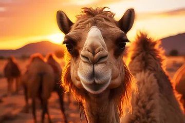  Brown head of camels in desert, wildlife. Camelidae are highly tolerant animals. It can live in remote places such as deserts very well. Eat leafy foods in desert. Realistic clipart template pattern. © Lucky